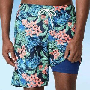 St John's Bay 11" Inseam Men's 3XLT Lined Navy Floral Swim Short Hawaiian NWT